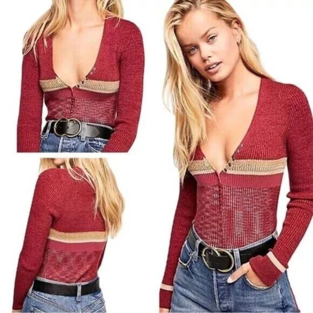 Free People Womens XS Frequency Henley Knit Sweater Top Dark Red Mustard Wheat‎